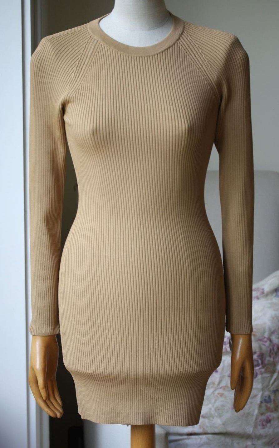 A.L.C. NICK LONG-SLEEVE BEIGE RIBBED STRETCH DRESS SMALL - Image 4