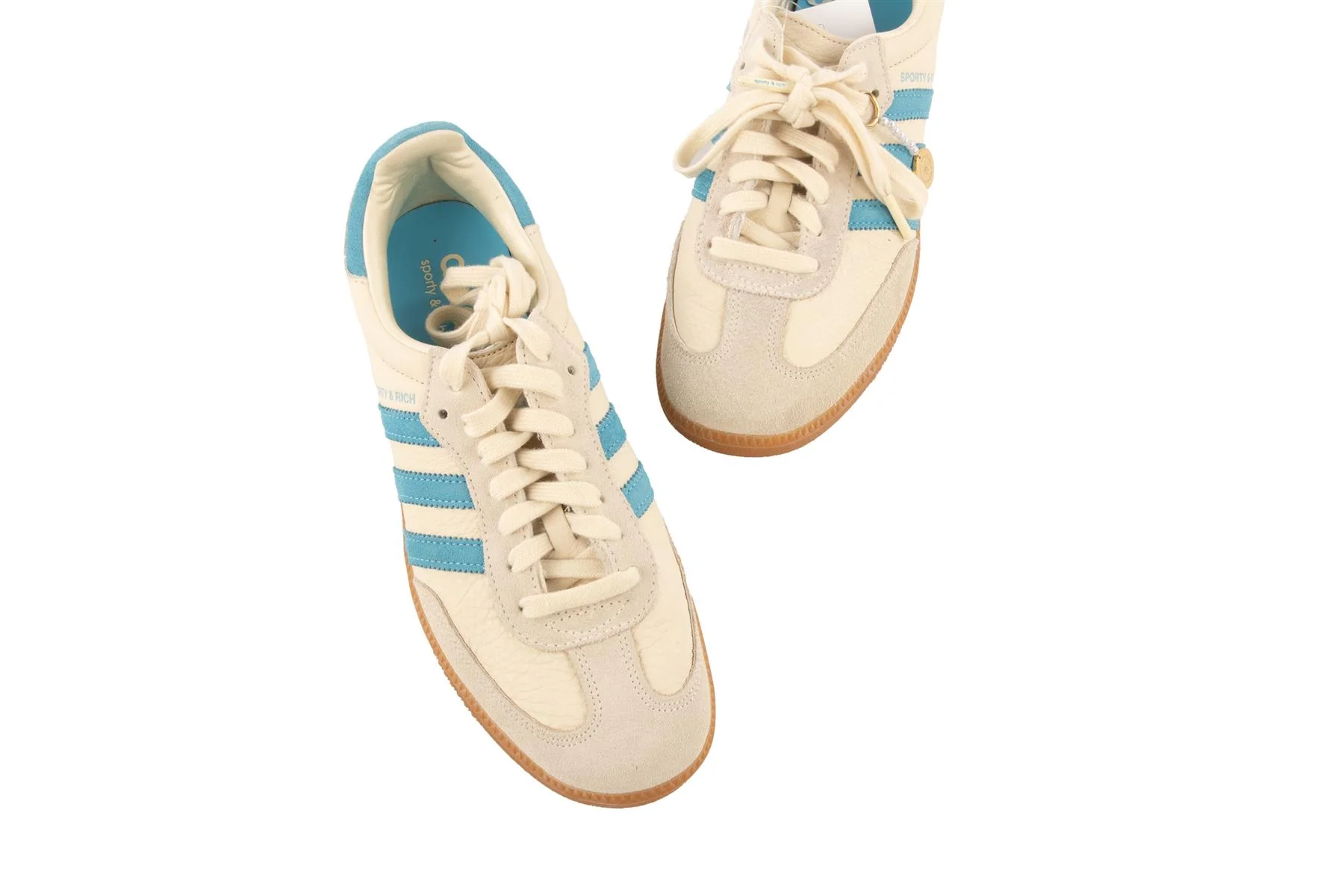 ADIDAS + SPORTY & RICH BEIGE SAMBA CREAM BLUE SNEAKERS UK 6 EU 39 US 9 - Image 4