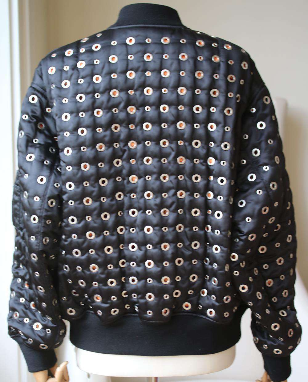 ALEXANDER WANG LEATHER TRIMMED EYELET EMBELLISHED BOMBER JACKET MEDIUM - Image 4