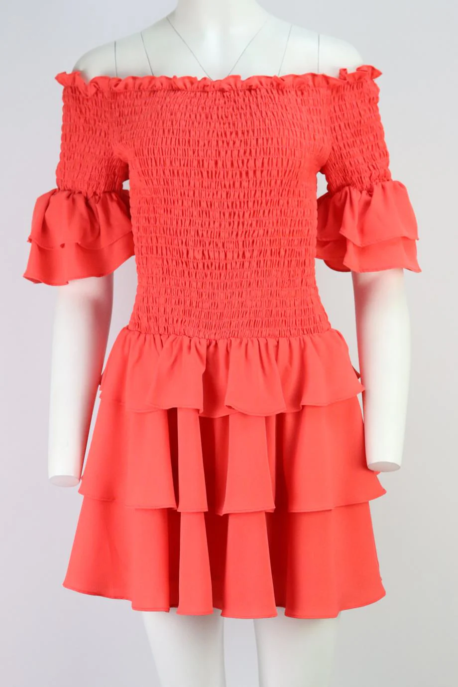 AQUA OFF THE SHOULDER SMOCKED TIERED CREPE MINI DRESS LARGE - Image 2