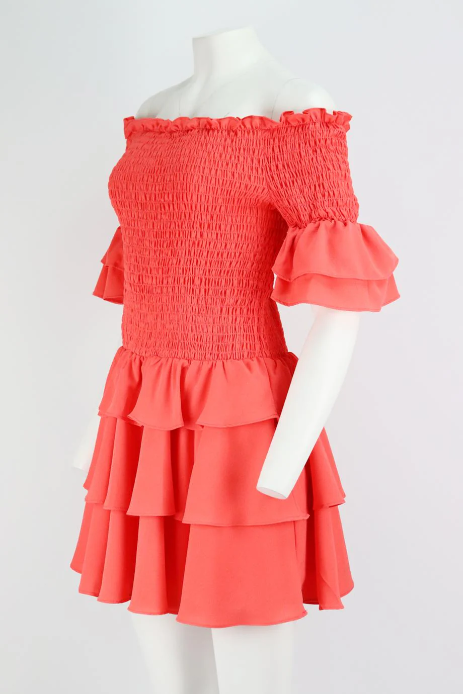 AQUA OFF THE SHOULDER SMOCKED TIERED CREPE MINI DRESS LARGE - Image 3