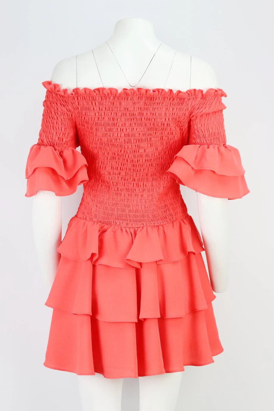 AQUA OFF THE SHOULDER SMOCKED TIERED CREPE MINI DRESS LARGE - Image 4