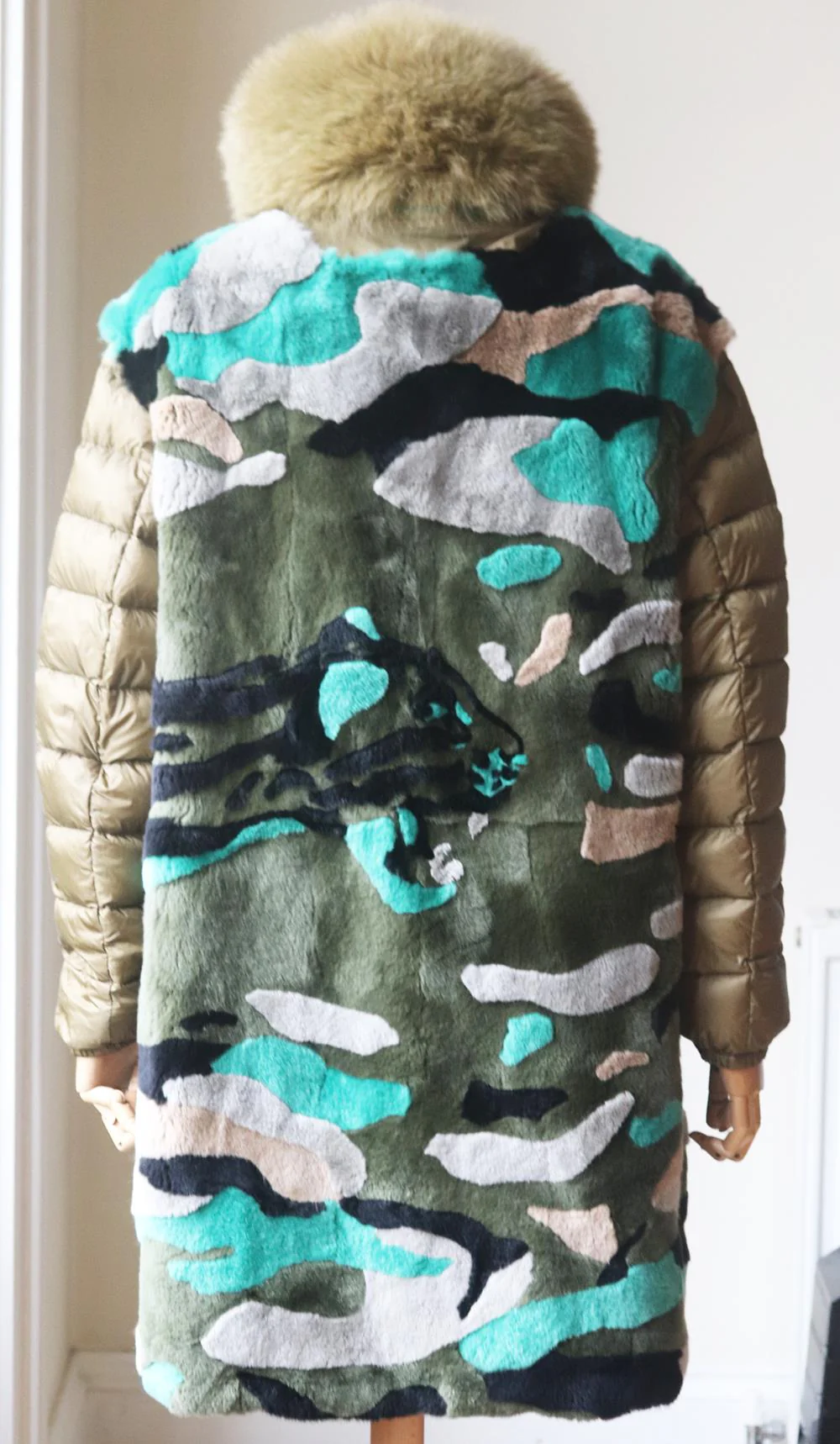 ARMY BY YVES SALOMON REVERSIBLE PRINTED RABBIT FUR AND COTTON PARKA FR 38 UK 10 - Image 6