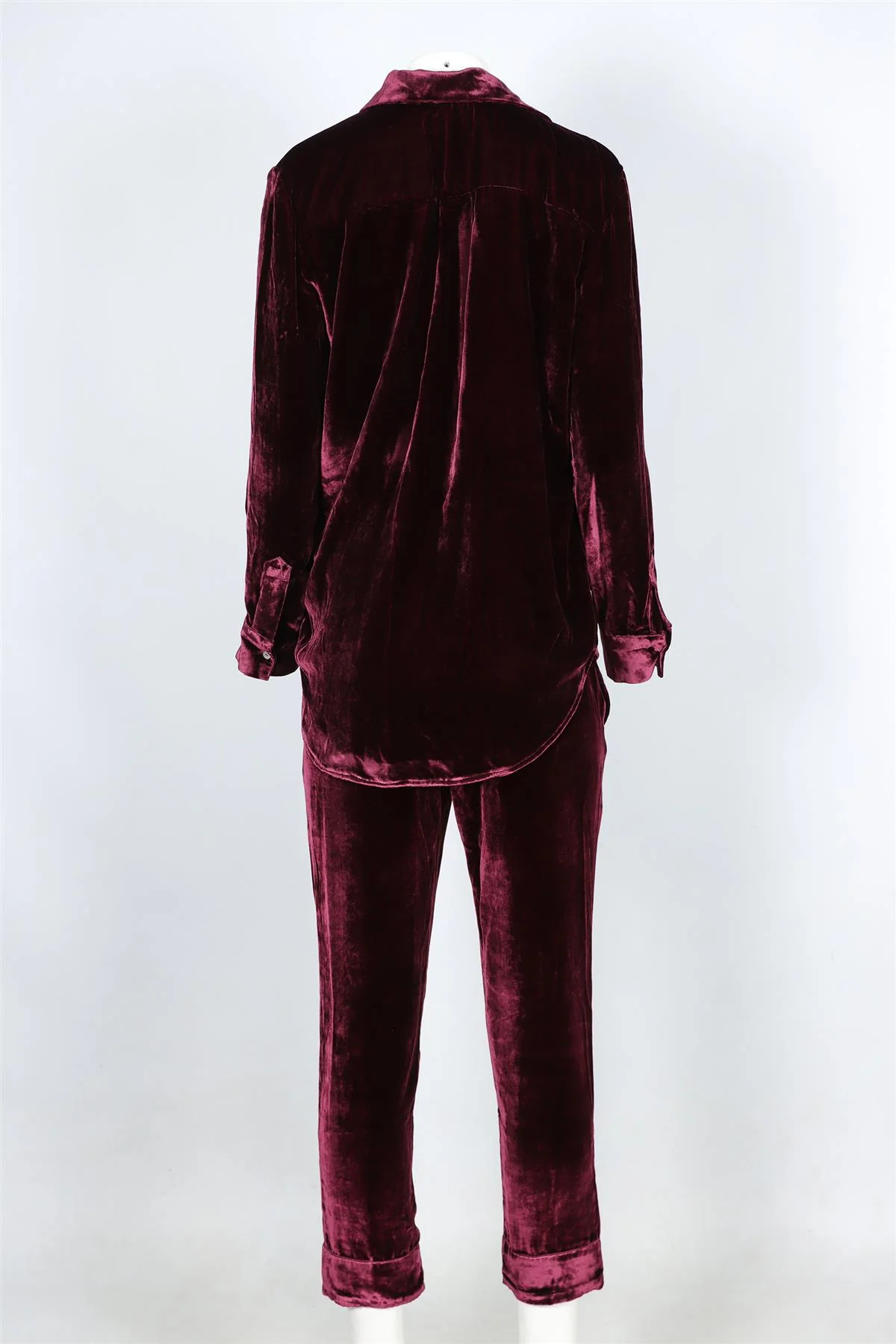 ASCENO BURGUNDY VELVET SHIRT AND TROUSERS SET XSMALL - Image 4