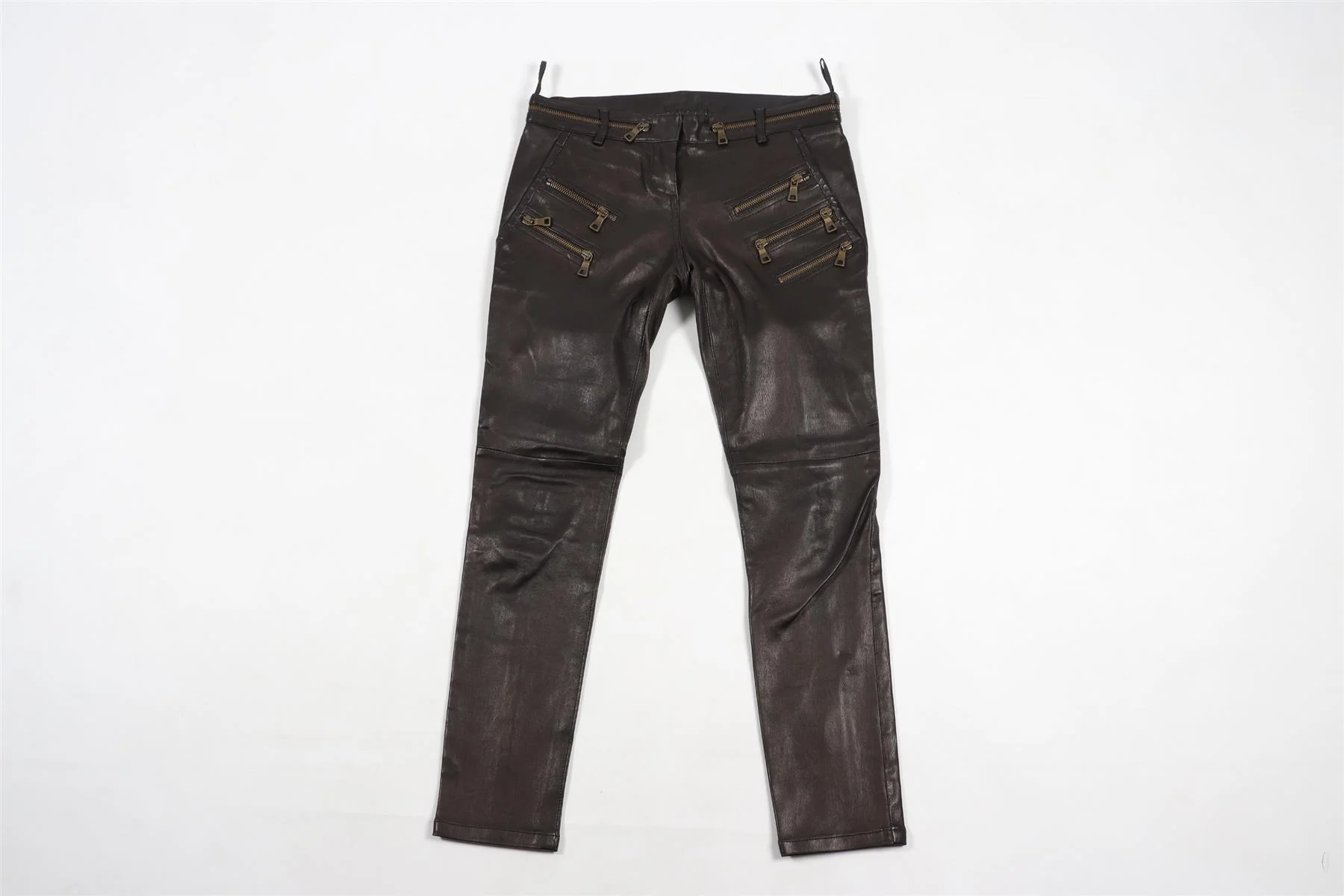 BALMAIN BROWN LEATHER SKINNY PANTS FR 36 UK 8 - Image 2