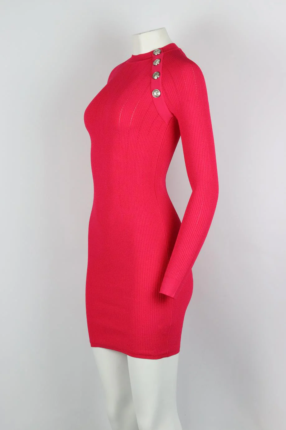 BALMAIN BUTTON EMBELLISHED RIBBED STRETCH KNIT MINI DRESS FR 40 UK 12 - Image 3