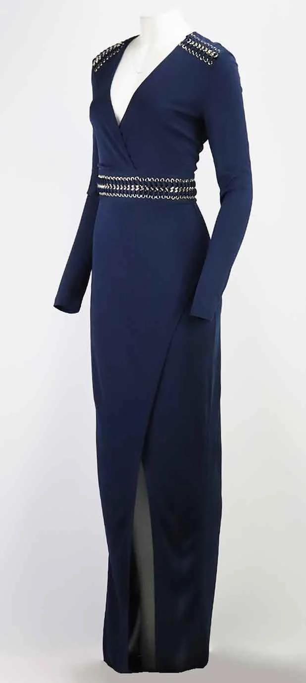 BALMAIN CHAIN TRIMMED WRAP EFFECT JERSEY GOWN FR 42 UK 14 - Image 3