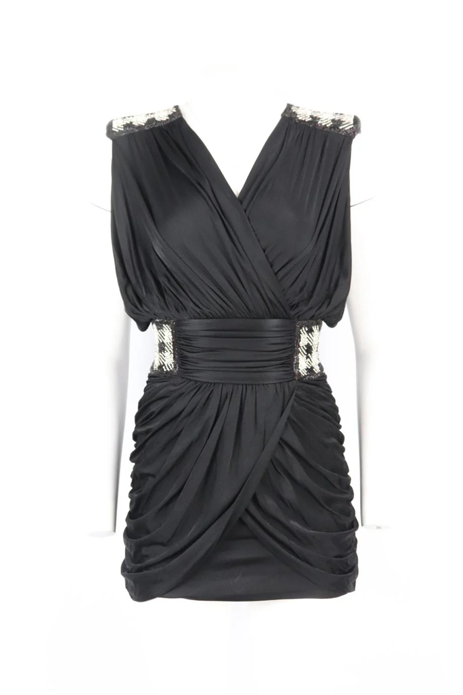 BALMAIN CRYSTAL EMBELLISHED RUCHED WRAP EFFECT JERSEY MINI DRESS FR 36 UK 8 - Image 2