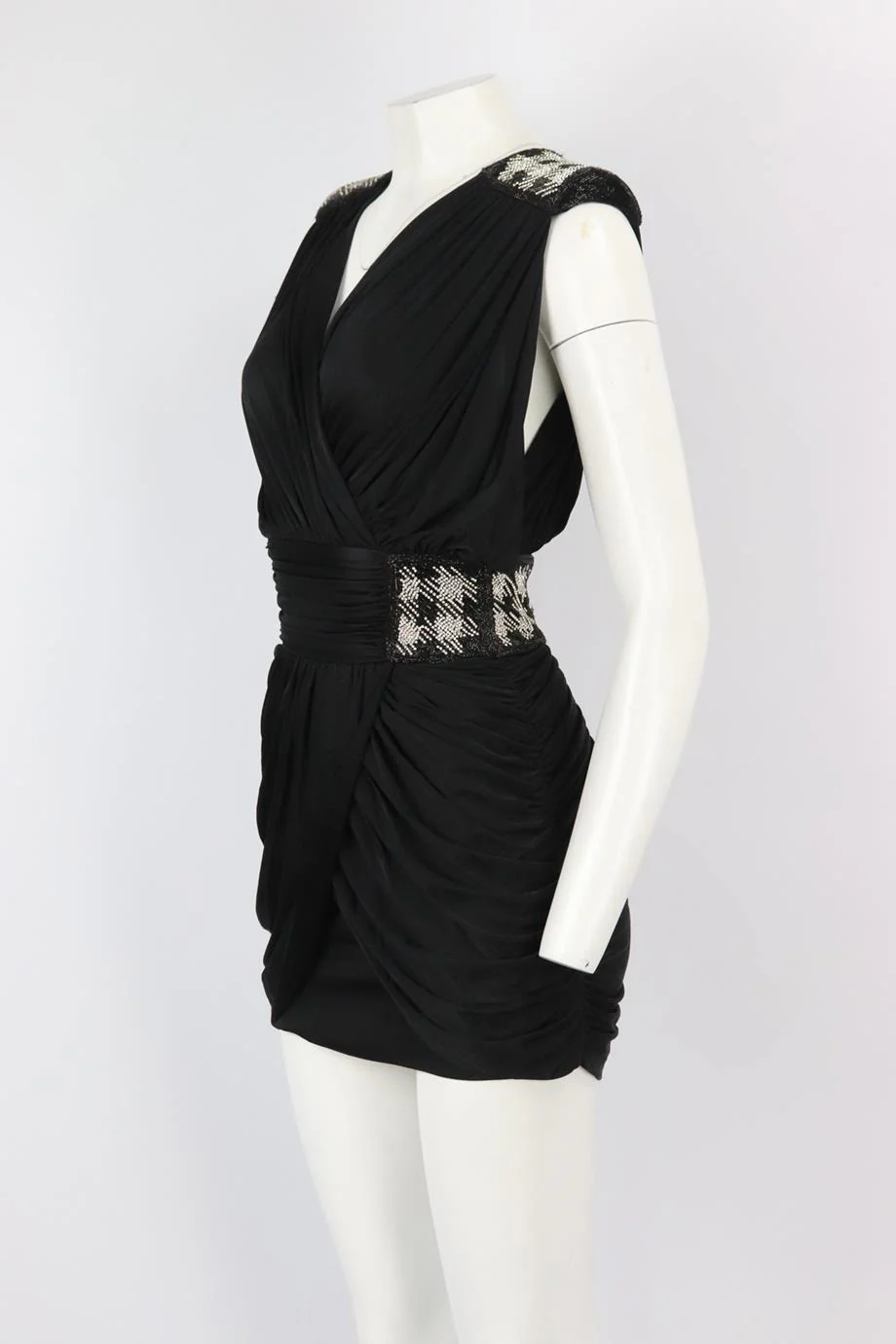 BALMAIN CRYSTAL EMBELLISHED RUCHED WRAP EFFECT JERSEY MINI DRESS FR 36 UK 8 - Image 3