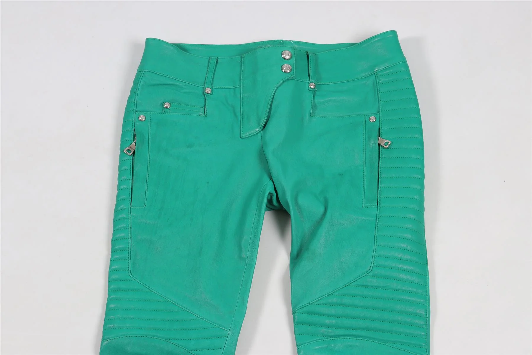 BALMAIN GREEN LEATHER SKINNY PANTS FR 38 UK 10 - Image 3