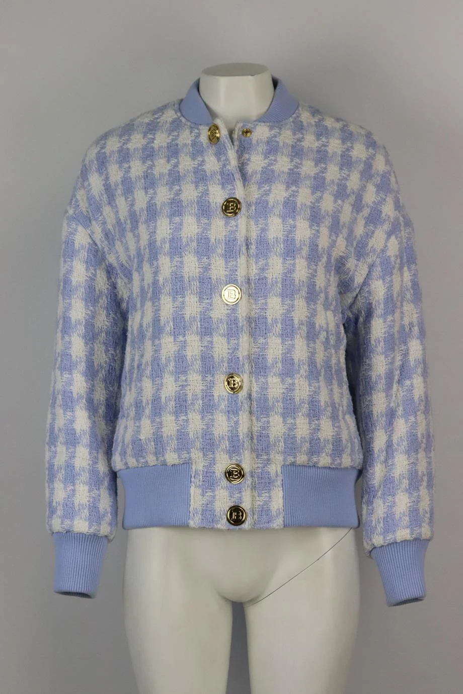 BALMAIN HOUNDSTOOTH COTTON BLEND TWEED BOMBER JACKET FR 38 UK 10 - Image 2
