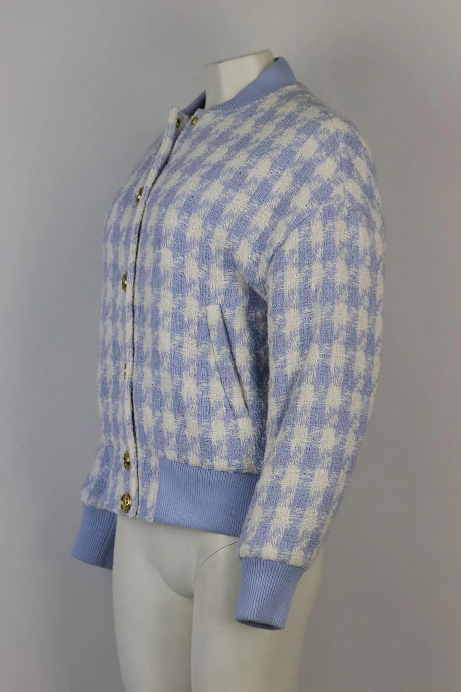 BALMAIN HOUNDSTOOTH COTTON BLEND TWEED BOMBER JACKET FR 38 UK 10 - Image 3