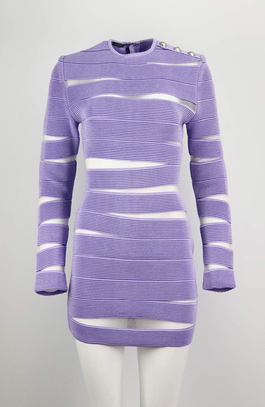 BALMAIN MESH PANELLED RIBBED KNIT MINI DRESS FR 42 UK 14 - Image 2