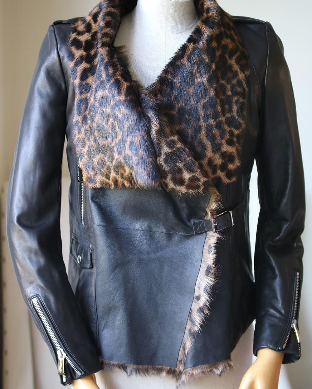 BARBARA BUI LEOPARD PRINT SHEARLING AND LEATHER BIKER JACKET FR 38 UK 10 - Image 2