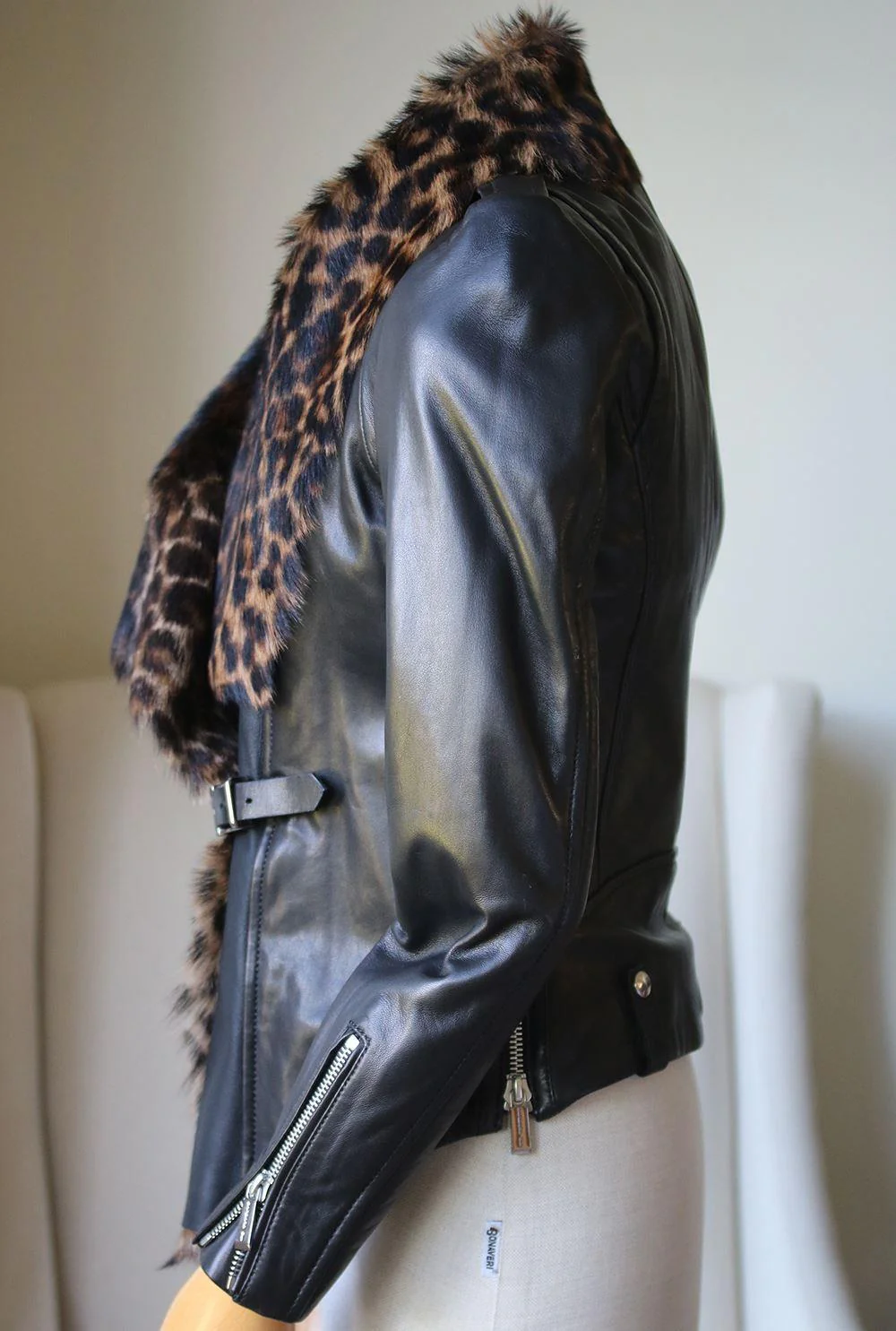 BARBARA BUI LEOPARD PRINT SHEARLING AND LEATHER BIKER JACKET FR 38 UK 10 - Image 3