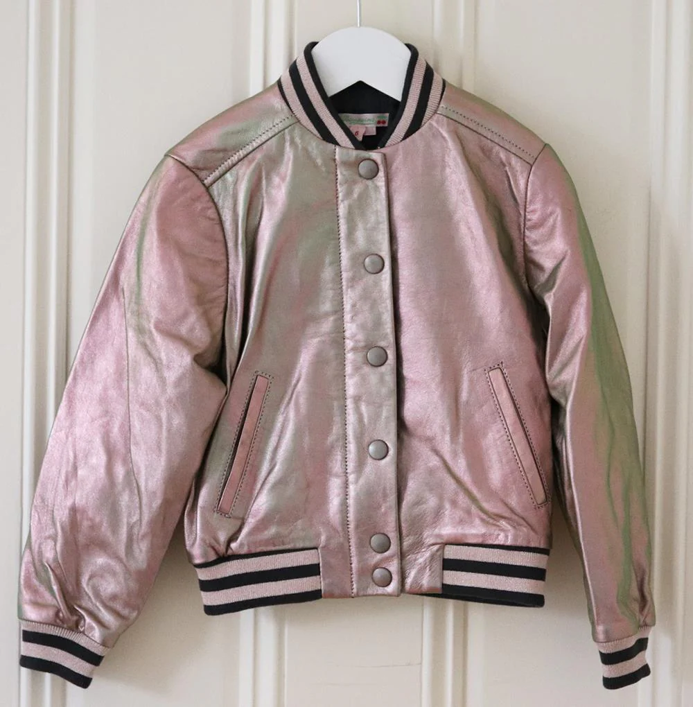 BONPOINT KIDS GIRLS METALLIC LEATHER BOMBER JACKET 6 YEARS - Image 2