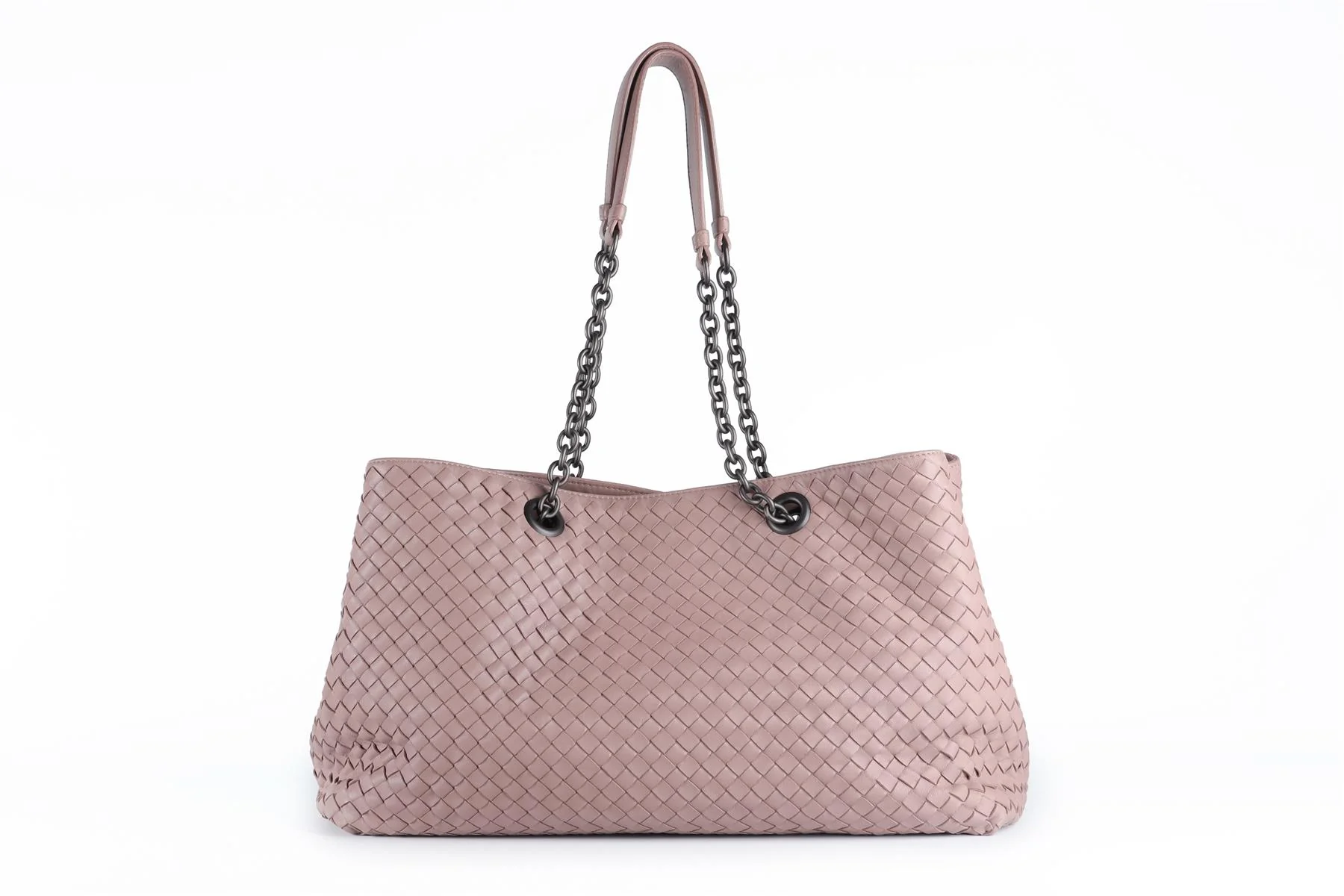 BOTTEGA VENETA PINK DOUBLE CHAIN MEDIUM INTRECCIATO LEATHER TOTE BAG - Image 2