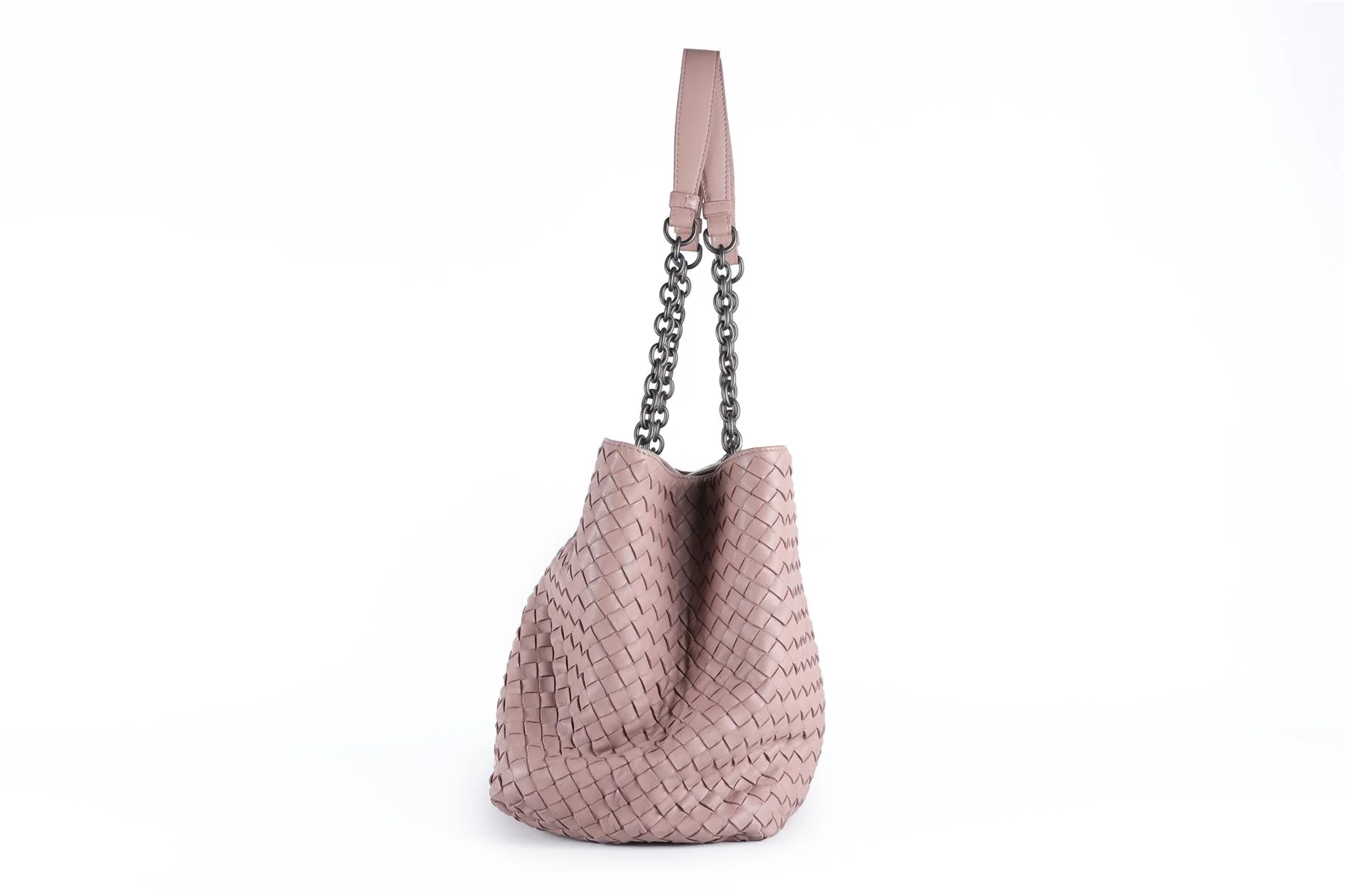 BOTTEGA VENETA PINK DOUBLE CHAIN MEDIUM INTRECCIATO LEATHER TOTE BAG - Image 4
