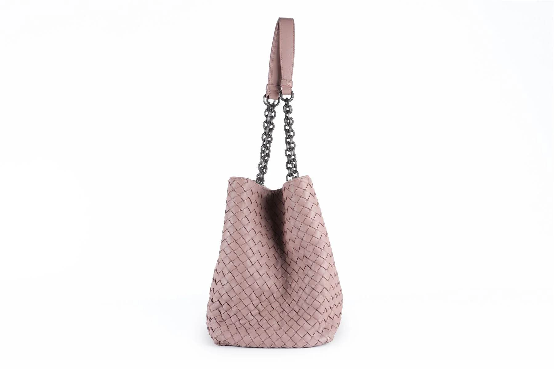 BOTTEGA VENETA PINK DOUBLE CHAIN MEDIUM INTRECCIATO LEATHER TOTE BAG - Image 5