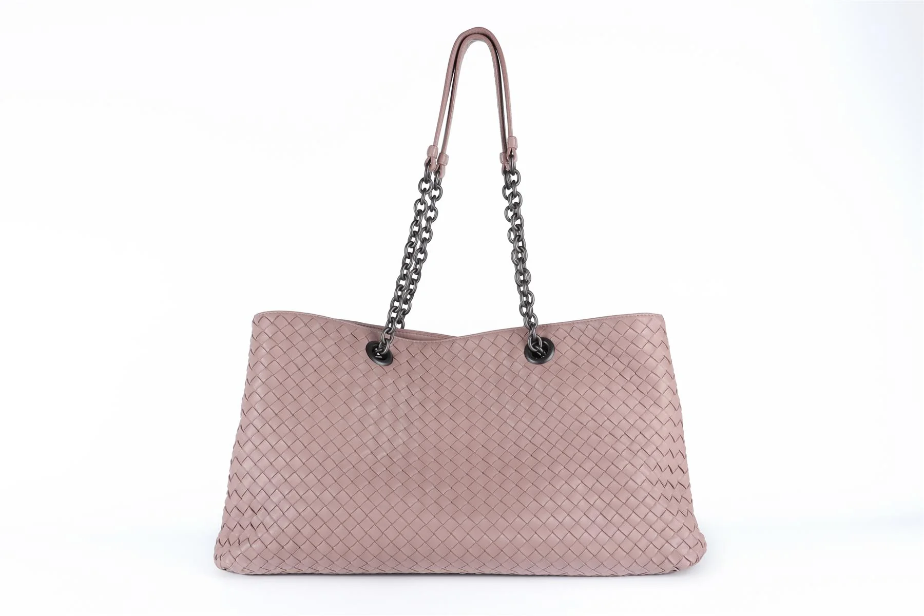 BOTTEGA VENETA PINK DOUBLE CHAIN MEDIUM INTRECCIATO LEATHER TOTE BAG - Image 6