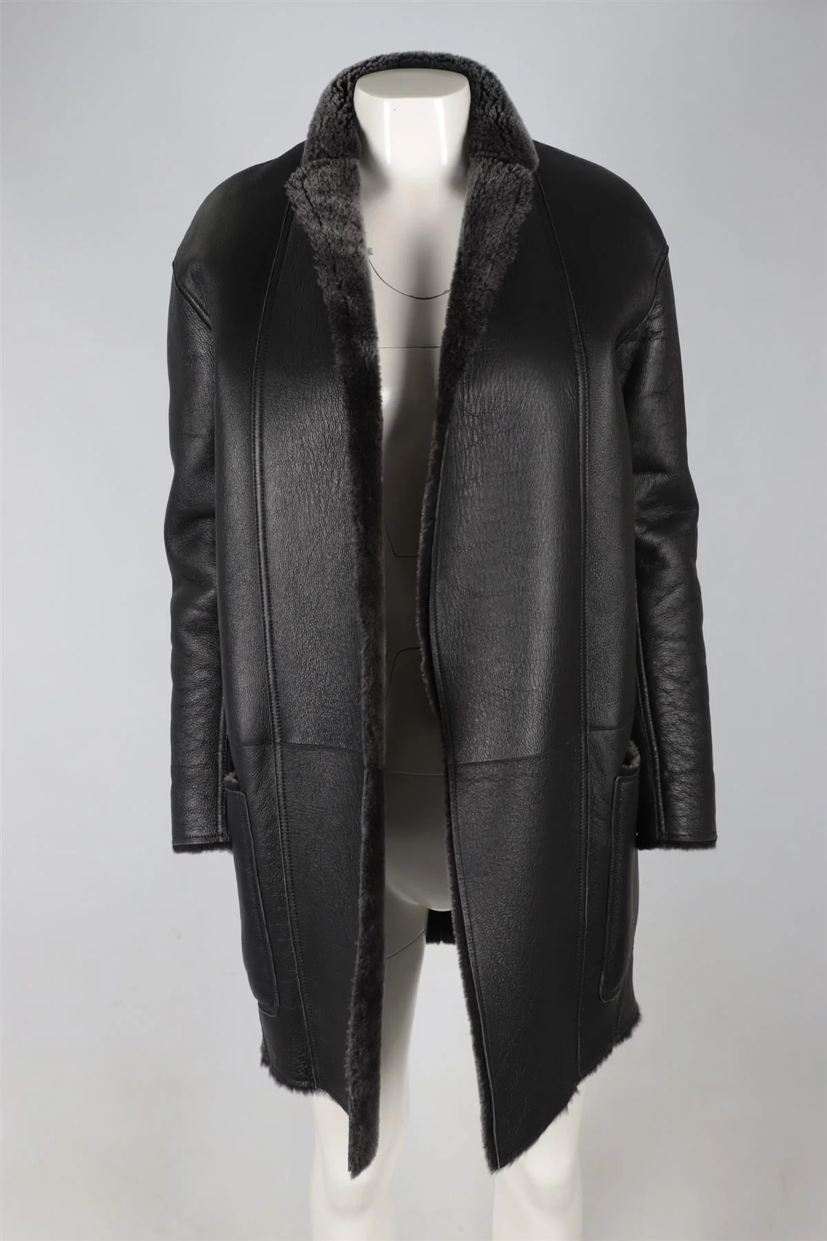CELINE GREY SHEARLING AND LEATHER COAT FR 36 UK 8 - Image 3