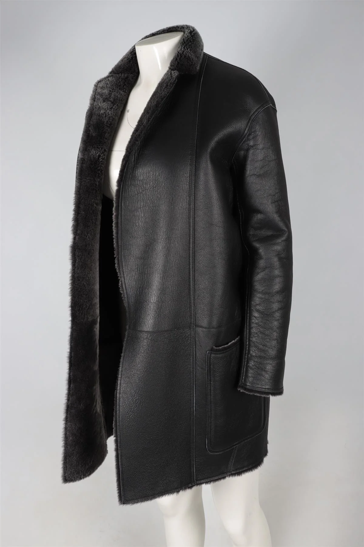 CELINE GREY SHEARLING AND LEATHER COAT FR 36 UK 8 - Image 4