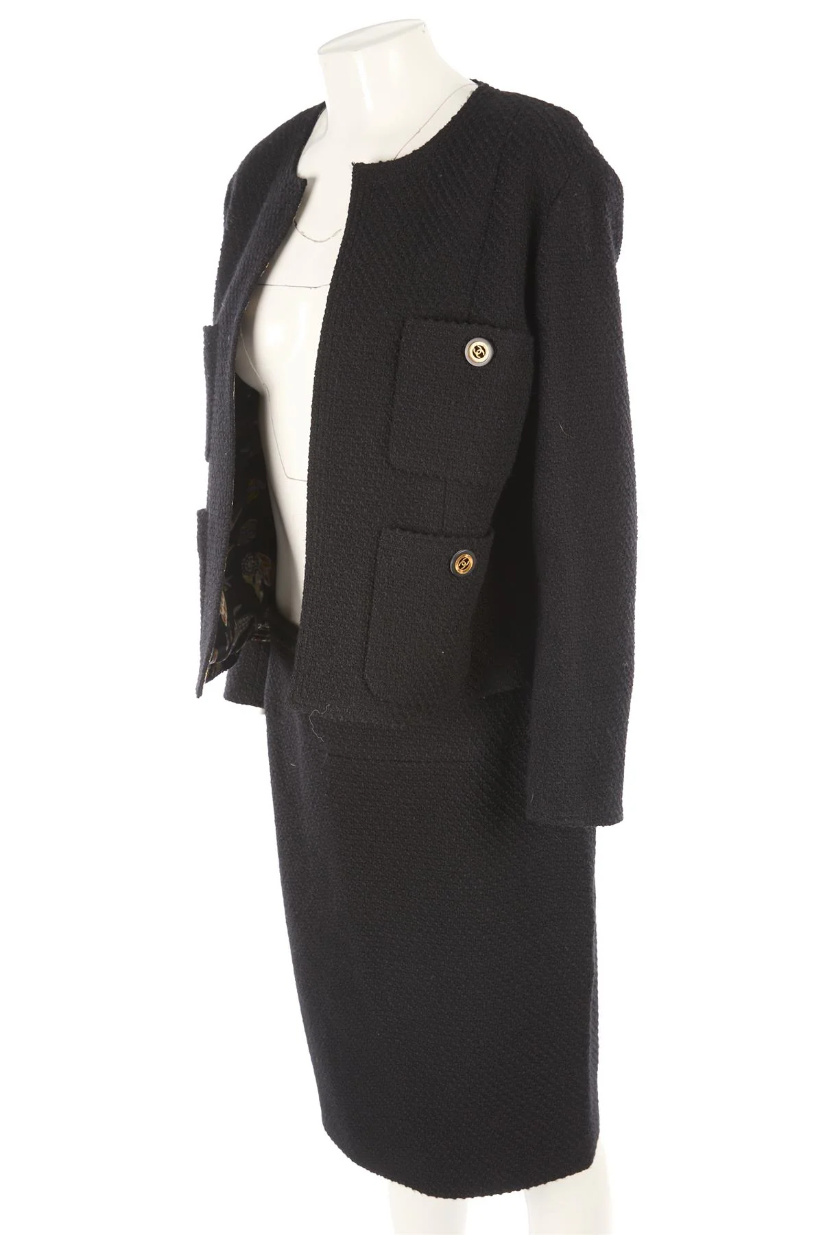 CHANEL BLACK 1991 WOOL SKIRT SUIT FR 46 - Image 3