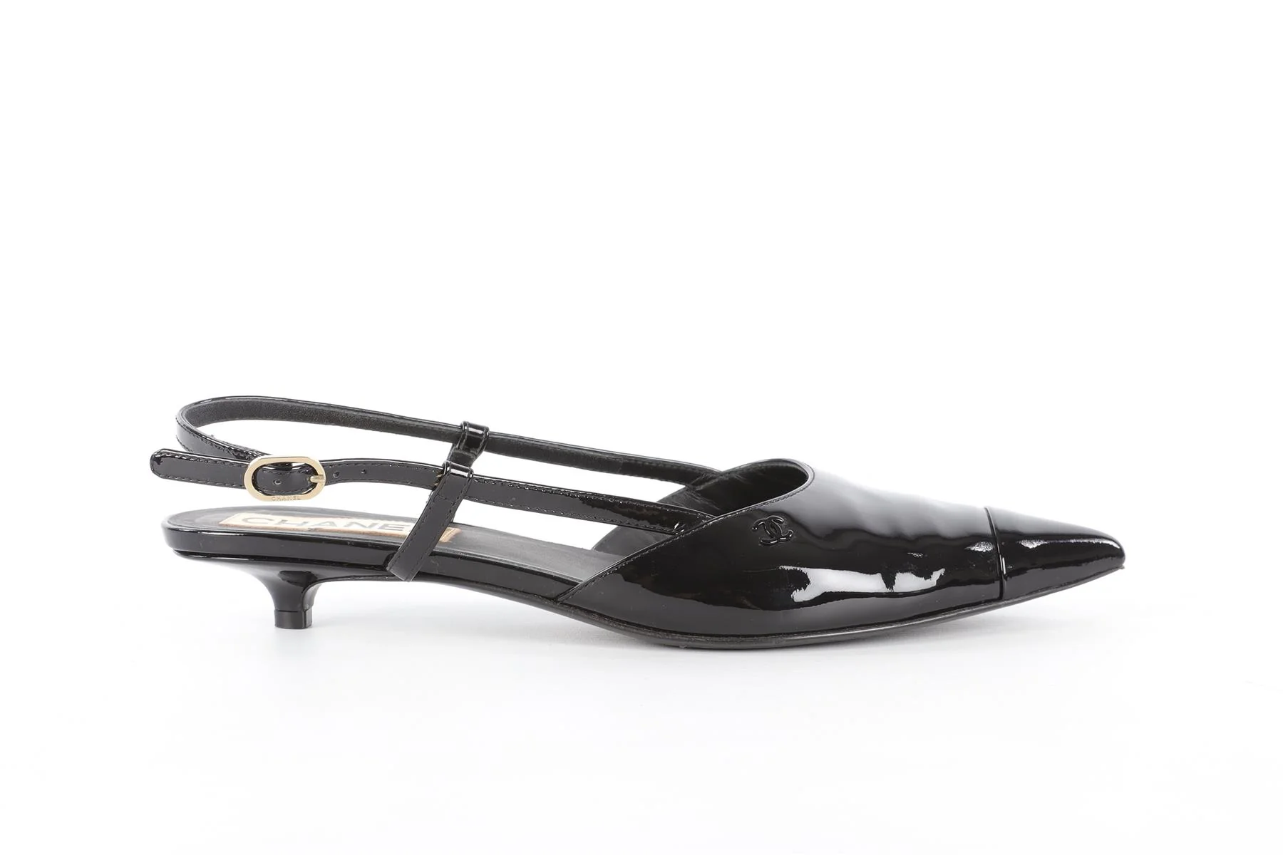 CHANEL BLACK 2022 PATENT LEATHER SLINGBACK PUMPS EU 38.5 UK 5.5 US 8.5 - Image 2