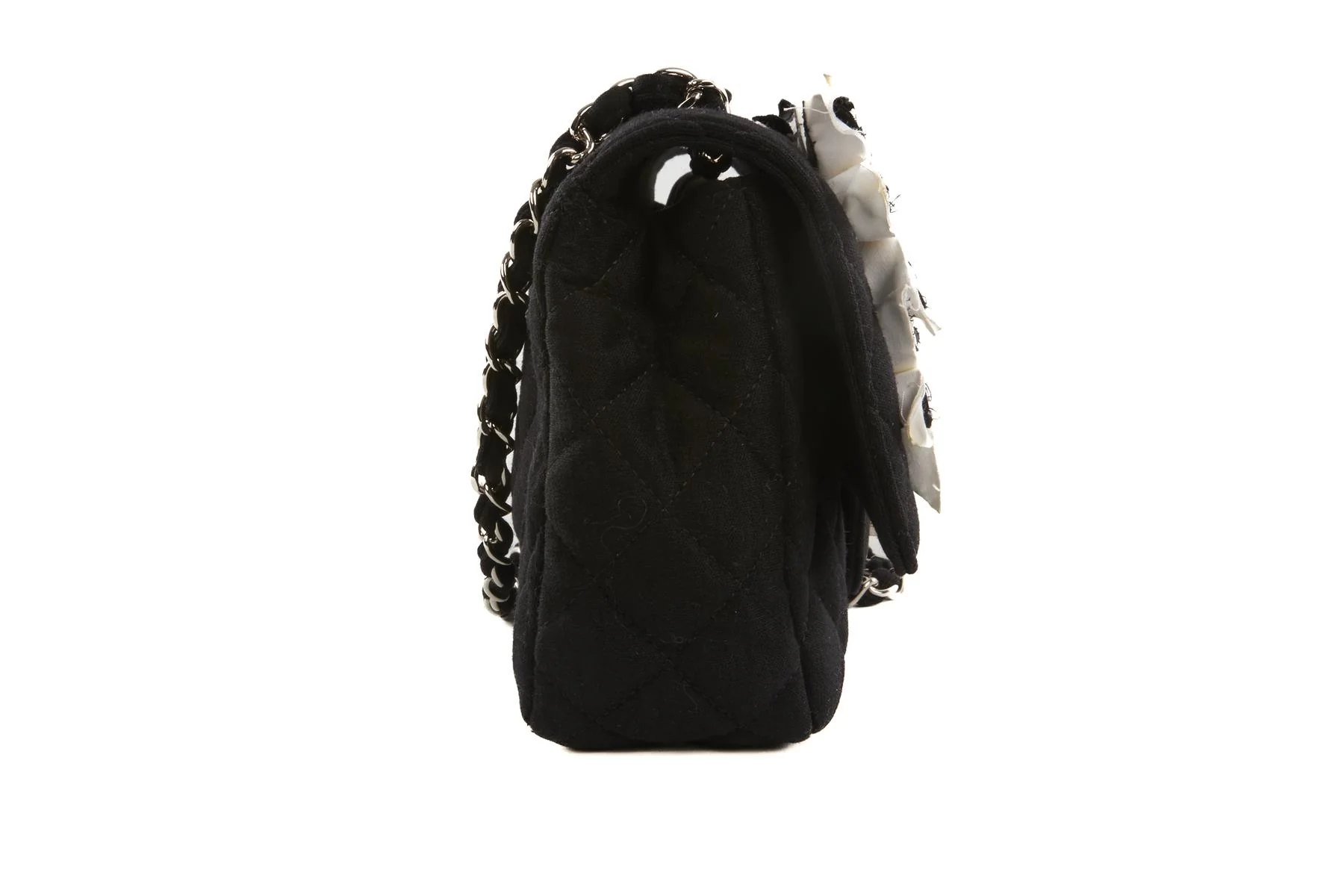CHANEL BLACK FABRIC FLOWER EMBELLISHED MEDIUM SINGLE FLAP SHOULDER BAG - Image 5