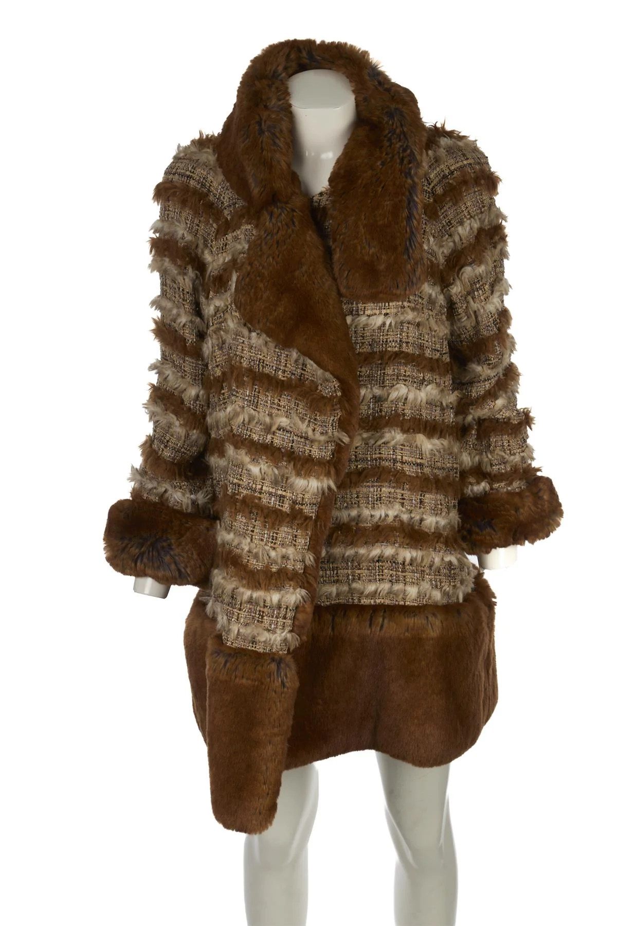 CHANEL BROWN 2010 FAUX FUR AND TWEED COAT FR 38 UK 10 - Image 2