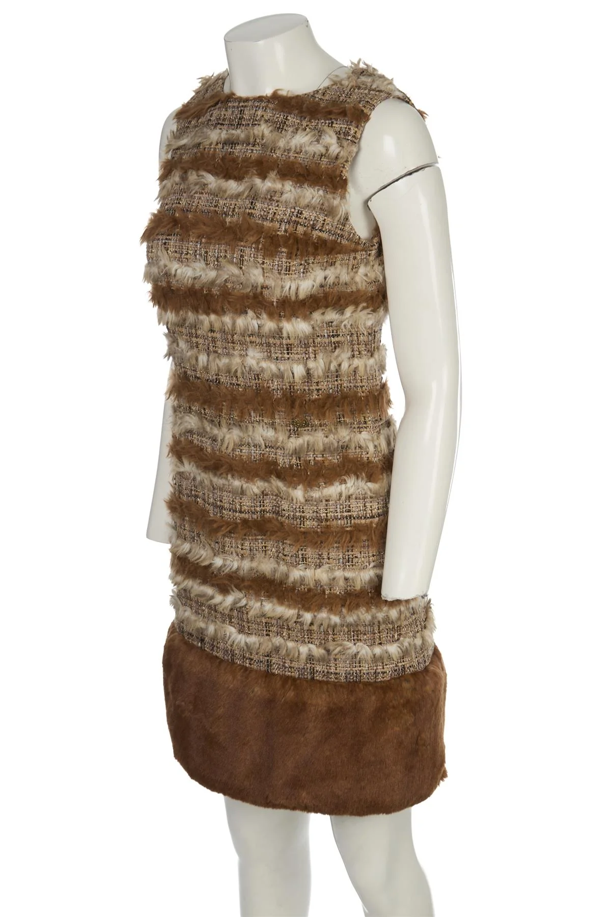 CHANEL BROWN 2010 FAUX FUR AND TWEED MINI DRESS FR 38 UK 10 - Image 3