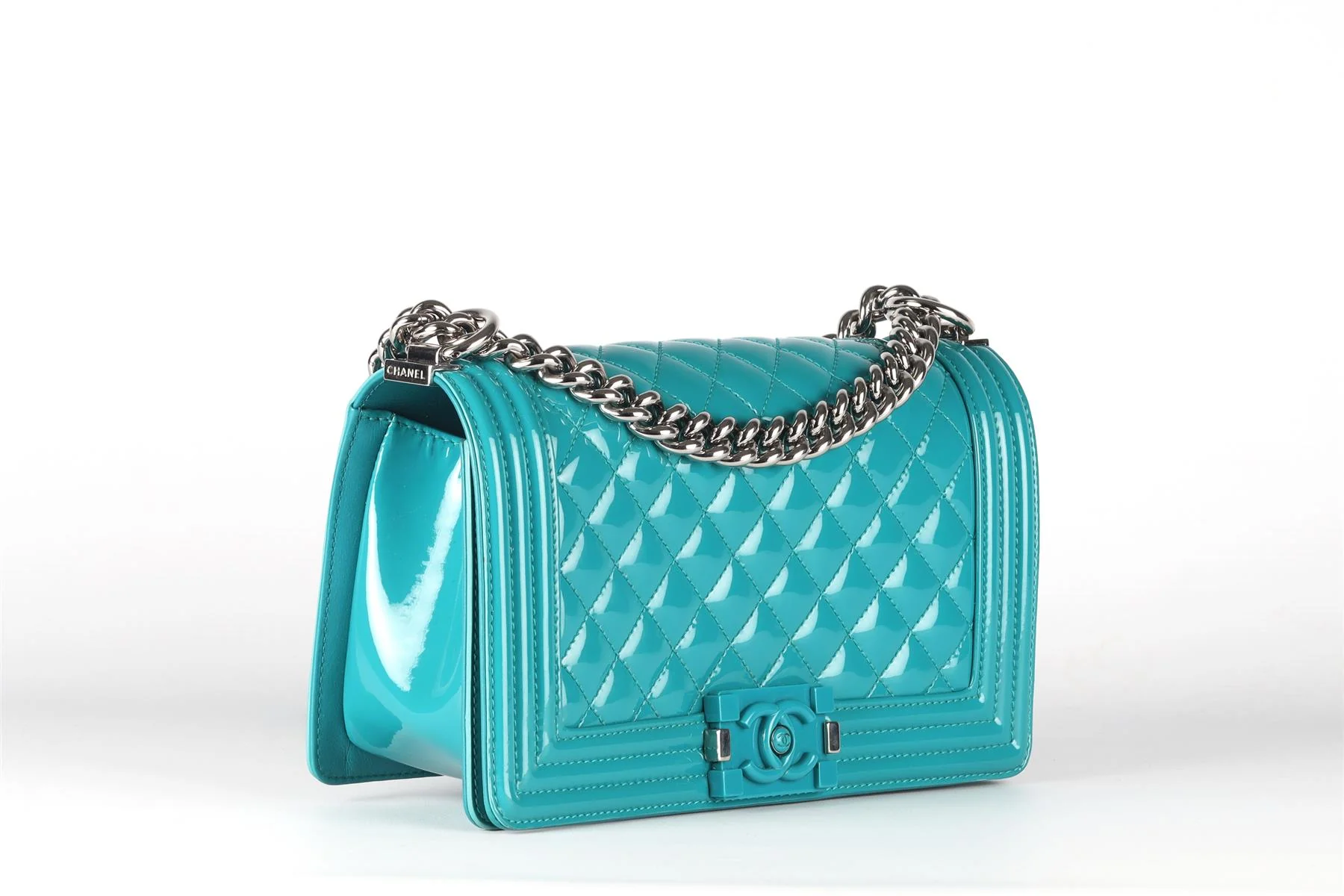 CHANEL TEAL 2015 BOY MEDIUM QUILTED PATENT LEATHER SHOULDER BAG - Image 4