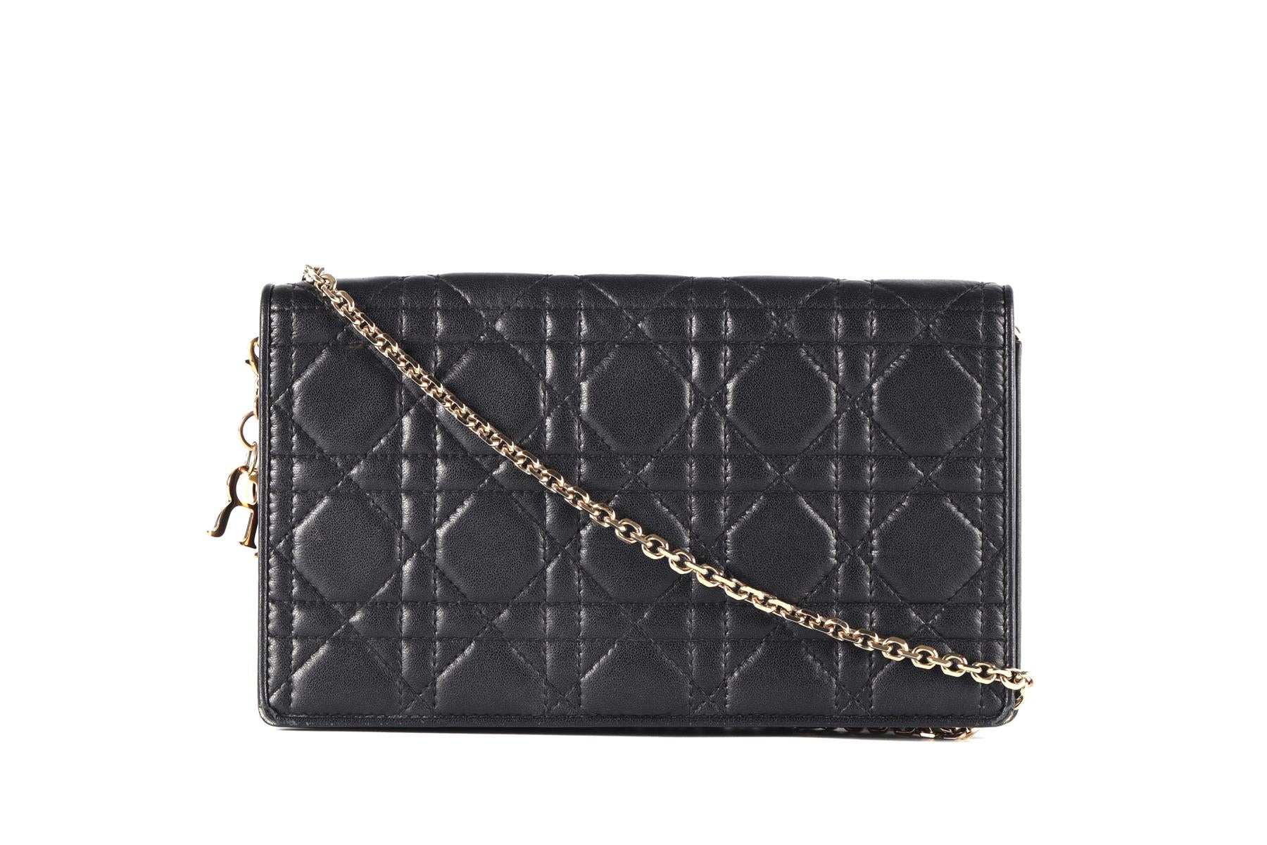CHRISTIAN DIOR BLACK LADY DIOR WALLET ON CHAIN CANNAGE LEATHER SHOULDER BAG - Image 2