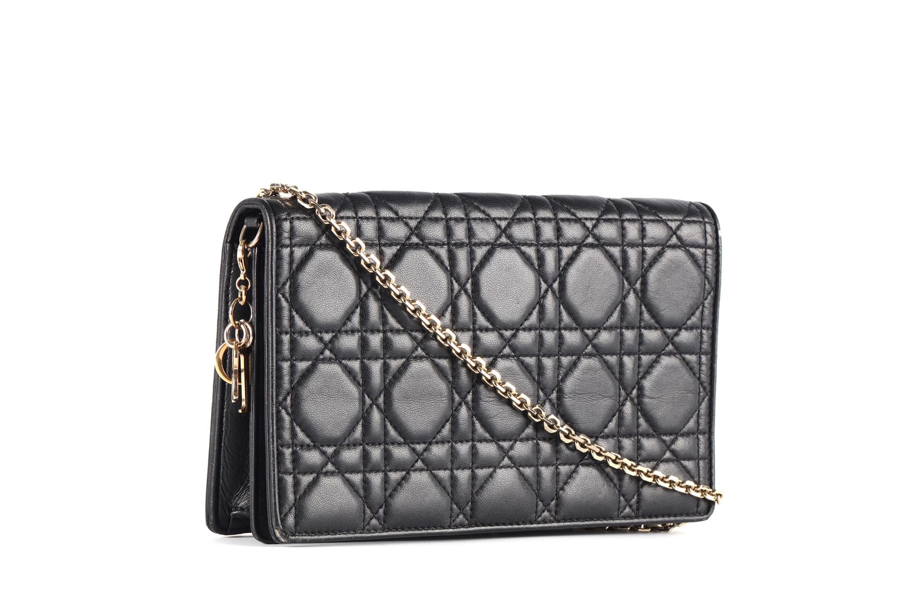 CHRISTIAN DIOR BLACK LADY DIOR WALLET ON CHAIN CANNAGE LEATHER SHOULDER BAG - Image 4