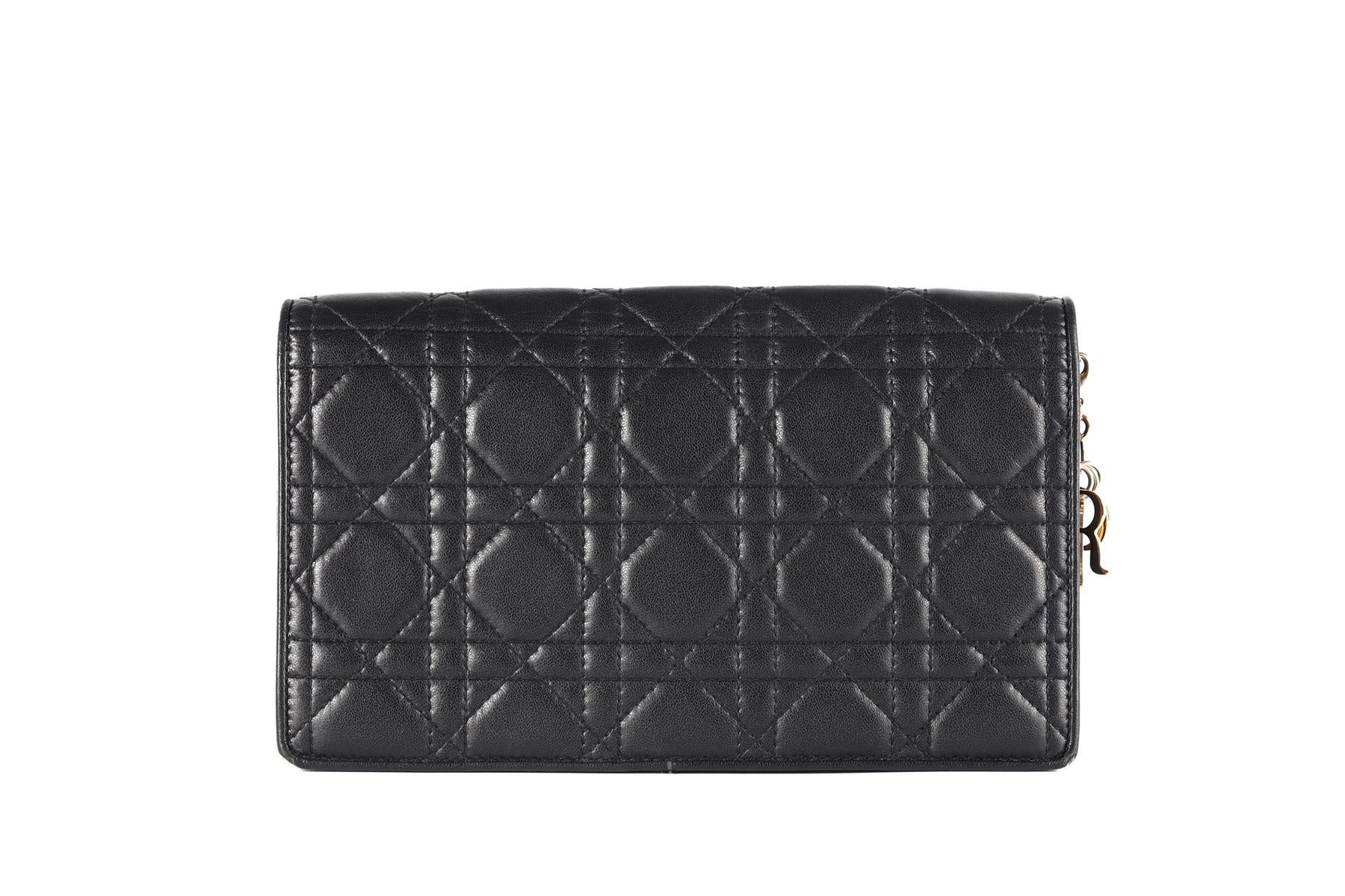 CHRISTIAN DIOR BLACK LADY DIOR WALLET ON CHAIN CANNAGE LEATHER SHOULDER BAG - Image 7