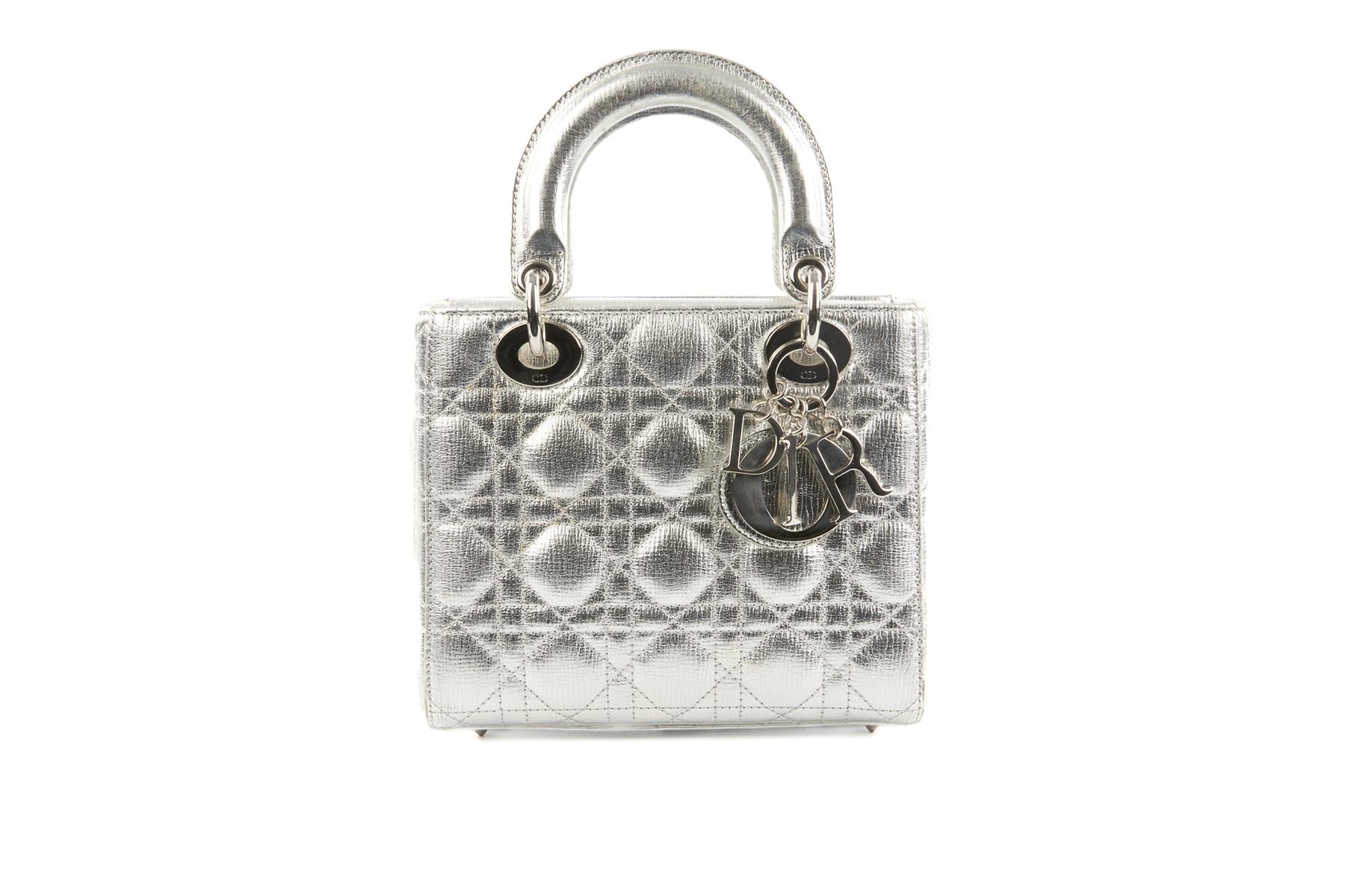 CHRISTIAN DIOR SILVER MY LADY DIOR LUCKY SMALL CANNAGE LEATHER TOTE BAG - Image 2