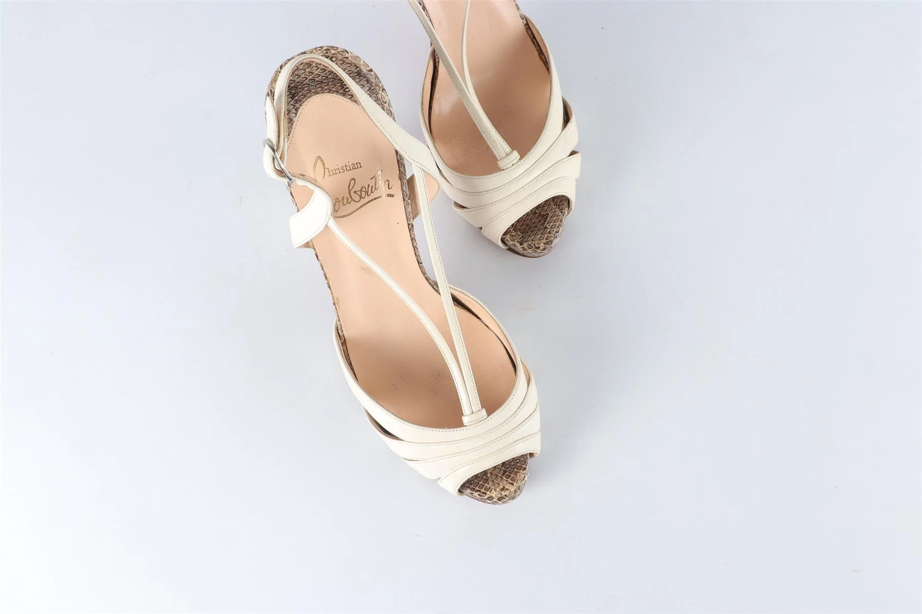 CHRISTIAN LOUBOUTIN CREAM LEATHER AND SNAKESKIN SANDALS EU 38 UK 5 US 8 - Image 4
