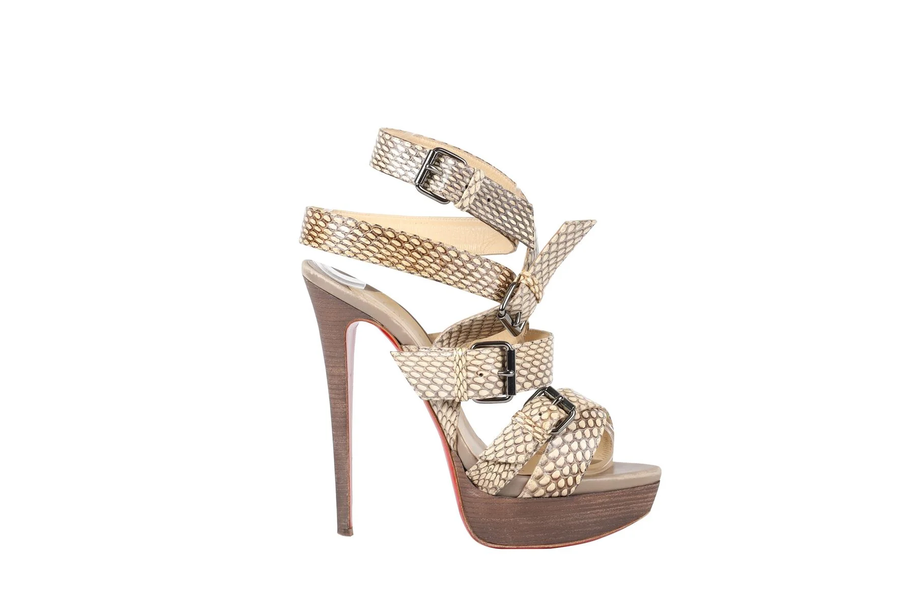 CHRISTIAN LOUBOUTIN TAUPE SNAKESKIN PLATFORM SANDALS EU 38 UK 5 US 8 - Image 2