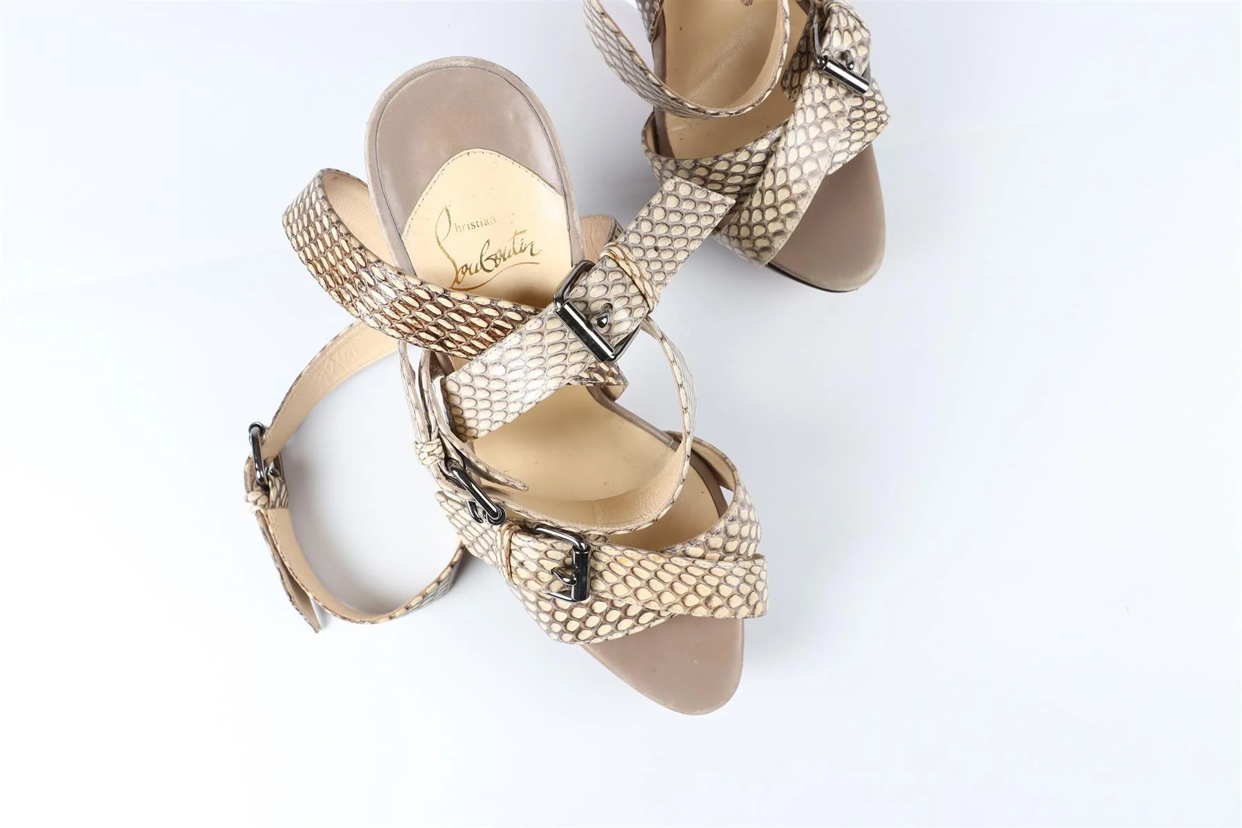 CHRISTIAN LOUBOUTIN TAUPE SNAKESKIN PLATFORM SANDALS EU 38 UK 5 US 8 - Image 5
