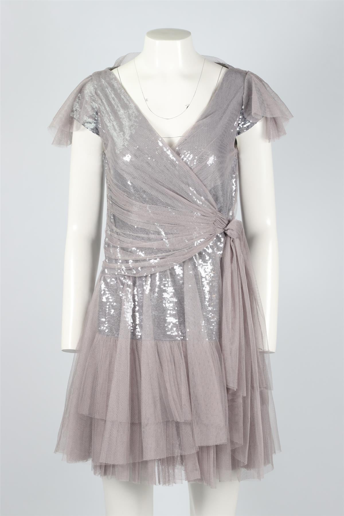 DIANE VON FURSTENBERG GREY SEQUIN AND TULLE MINI DRESS US 2 UK 6 - Image 2
