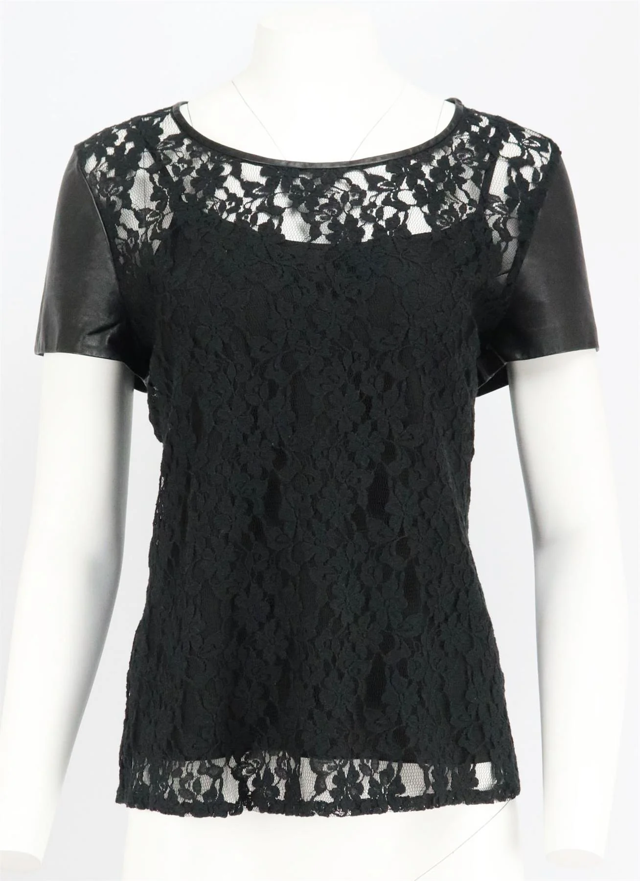 DKNY LEATHER TRIMMED LACE TOP LARGE - Image 2