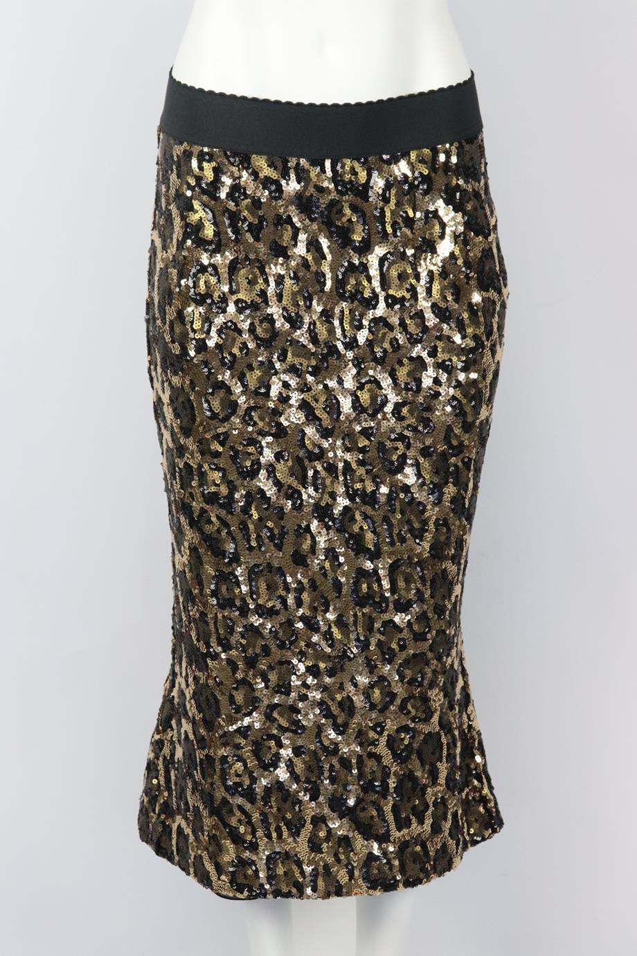 DOLCE AND GABBANA LEOPARD PRINT SEQUINED CREPE MIDI SKIRT IT 42 UK 10 - Image 2