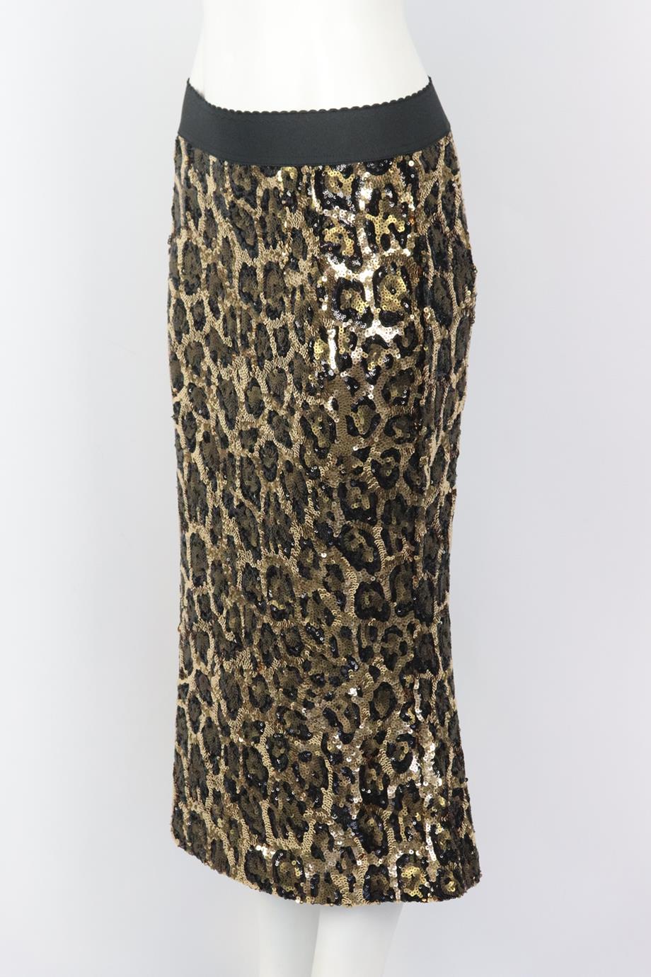 DOLCE AND GABBANA LEOPARD PRINT SEQUINED CREPE MIDI SKIRT IT 42 UK 10 - Image 3
