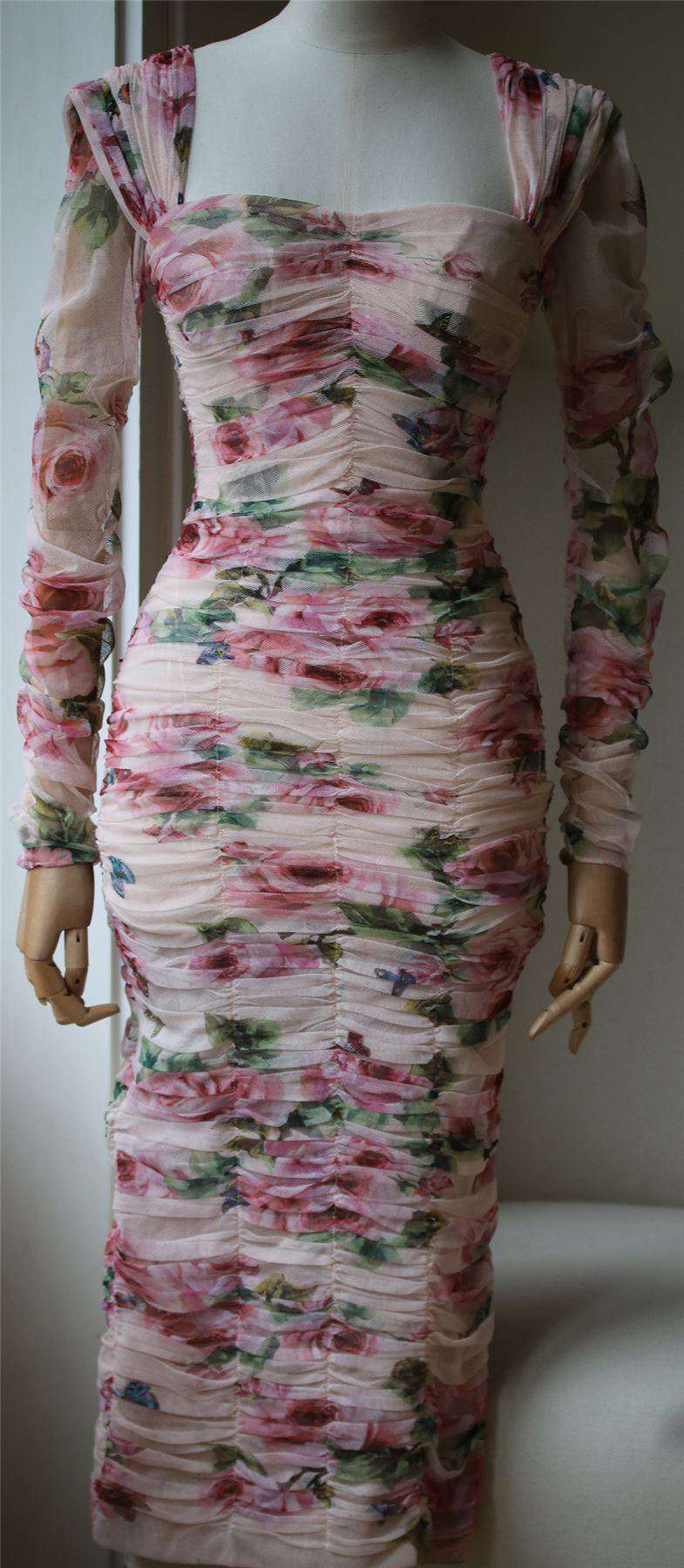 DOLCE AND GABBANA ROSE-PRINT RUCHED-TULLE DRESS IT 38 UK 6 - Image 3