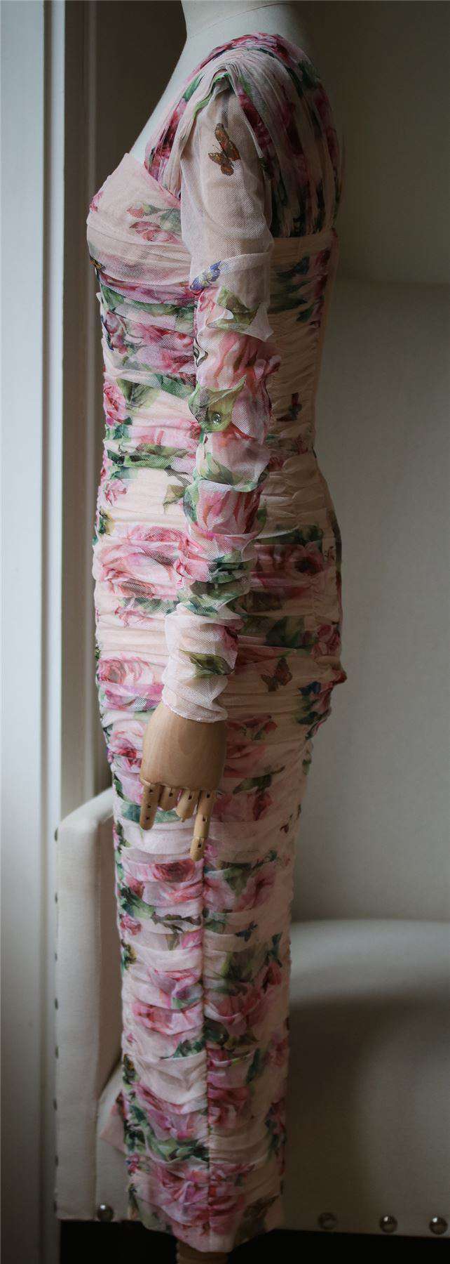 DOLCE AND GABBANA ROSE-PRINT RUCHED-TULLE DRESS IT 38 UK 6 - Image 5