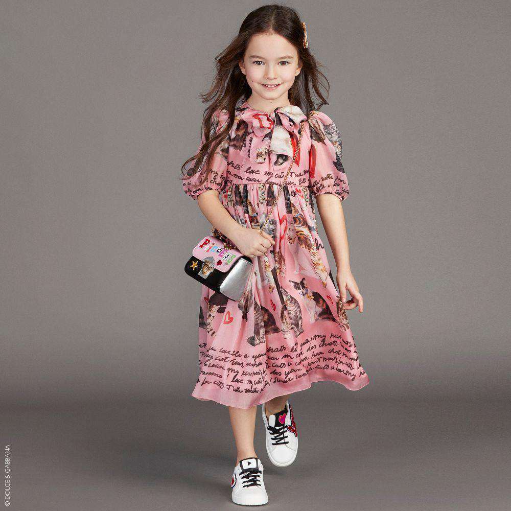 DOLCE & GABBANA GIRLS PINK CAT SILK DRESS 5 YEARS - Image 2