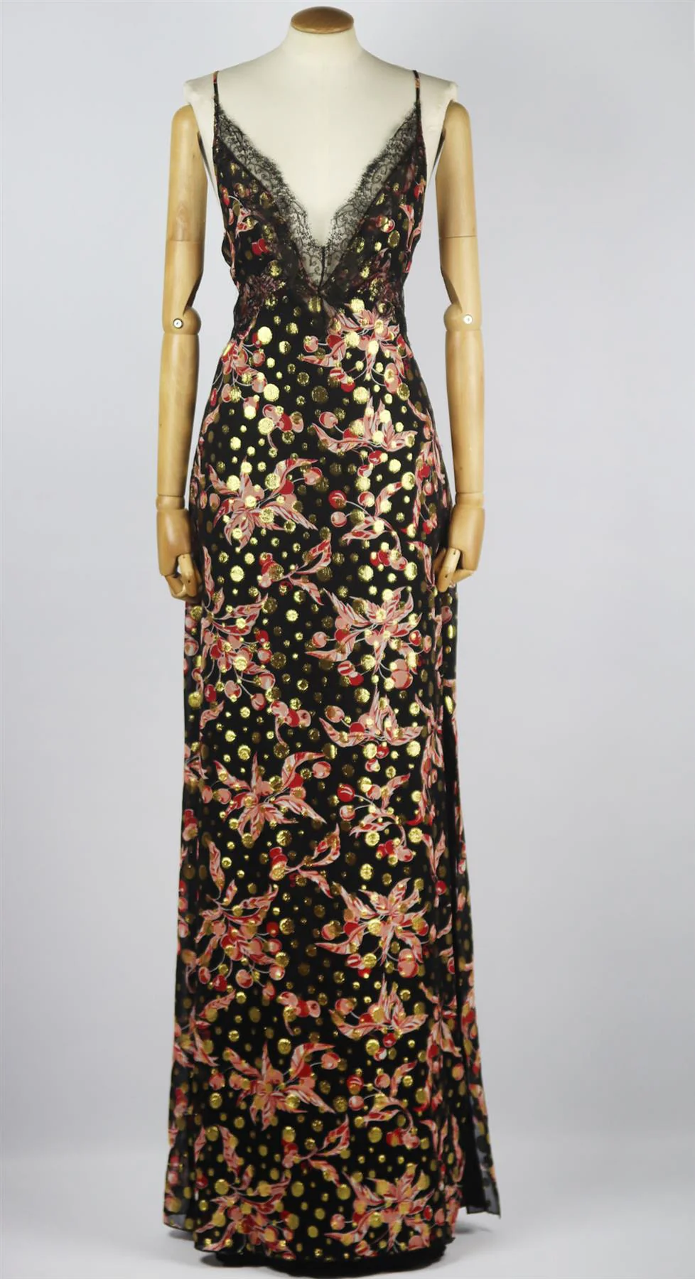 DUNDAS LACE TRIMMED PRINTED METALLIC FIL COUPÉ SILK BLEND MAXI DRESS IT 46 UK 14 - Image 2