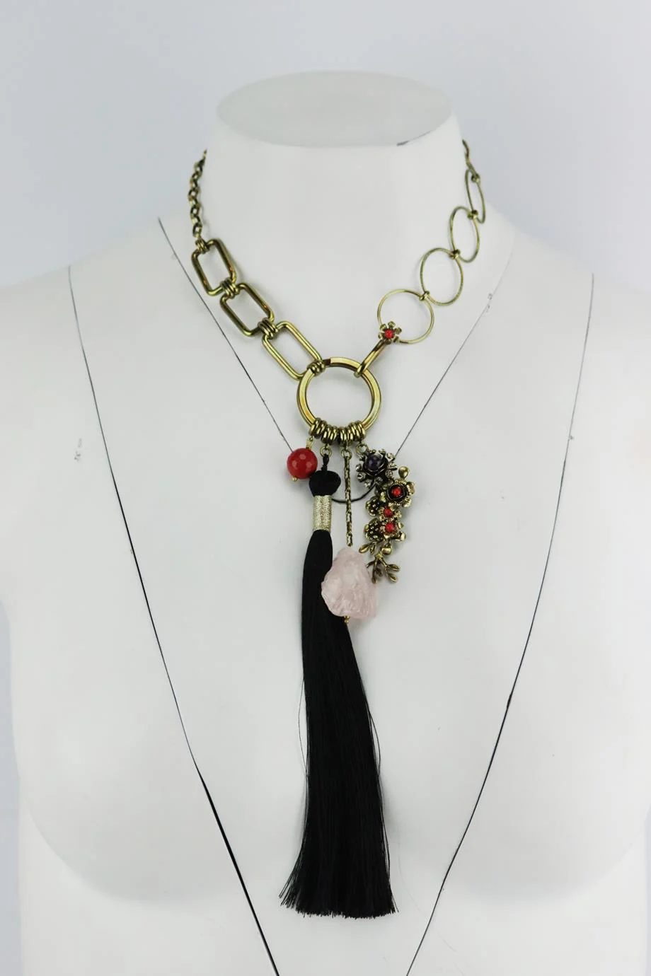 ETRO BRASS TONE TASSELED MULTI STONE CHAIN NECKLACE - Image 2