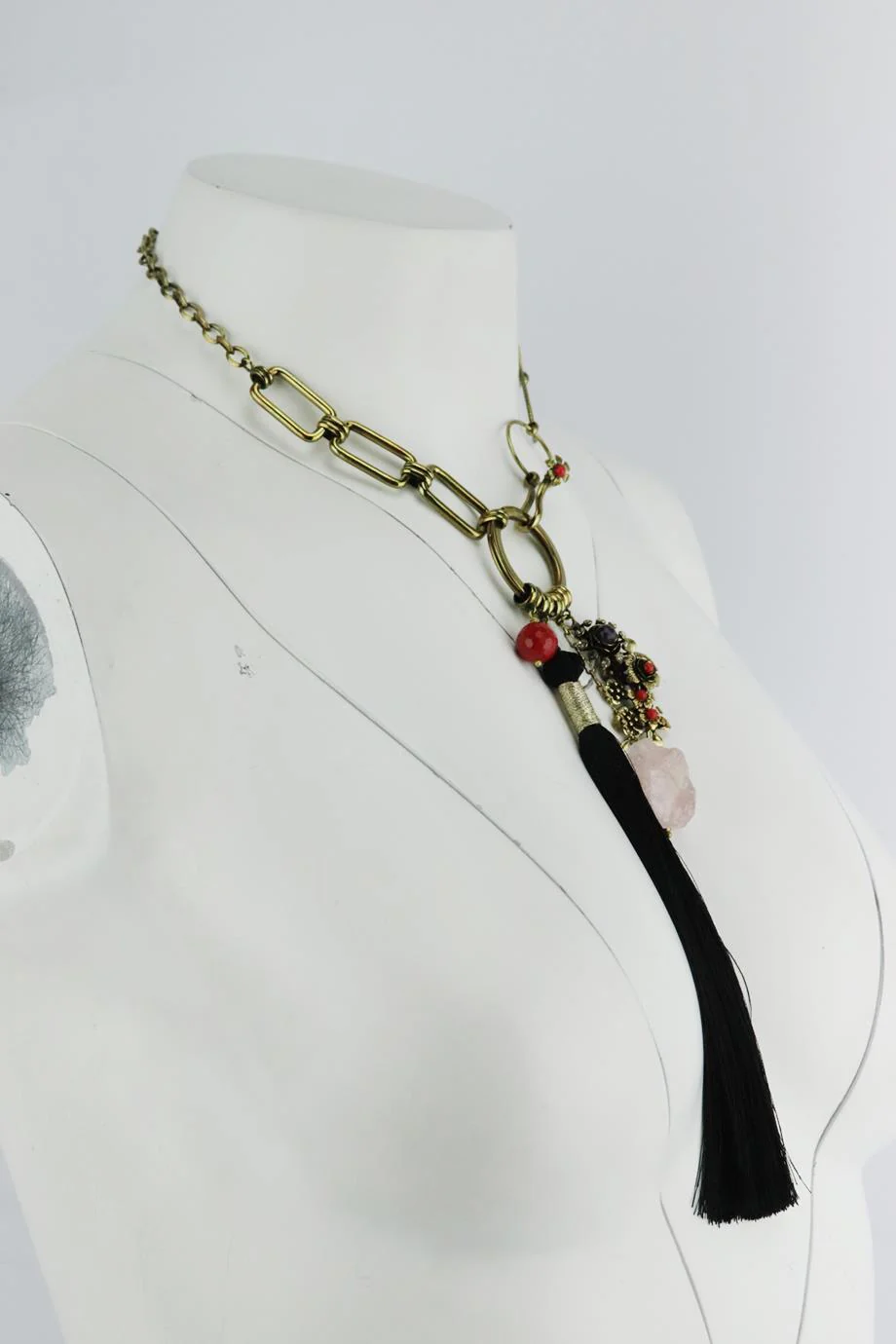 ETRO BRASS TONE TASSELED MULTI STONE CHAIN NECKLACE - Image 3