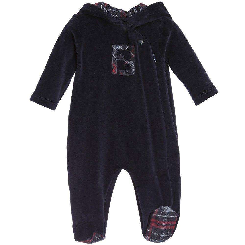 FENDI BABY BLUE NAVY VELOUR FF LOGO BABYGROW 9 MONTHS - Image 2
